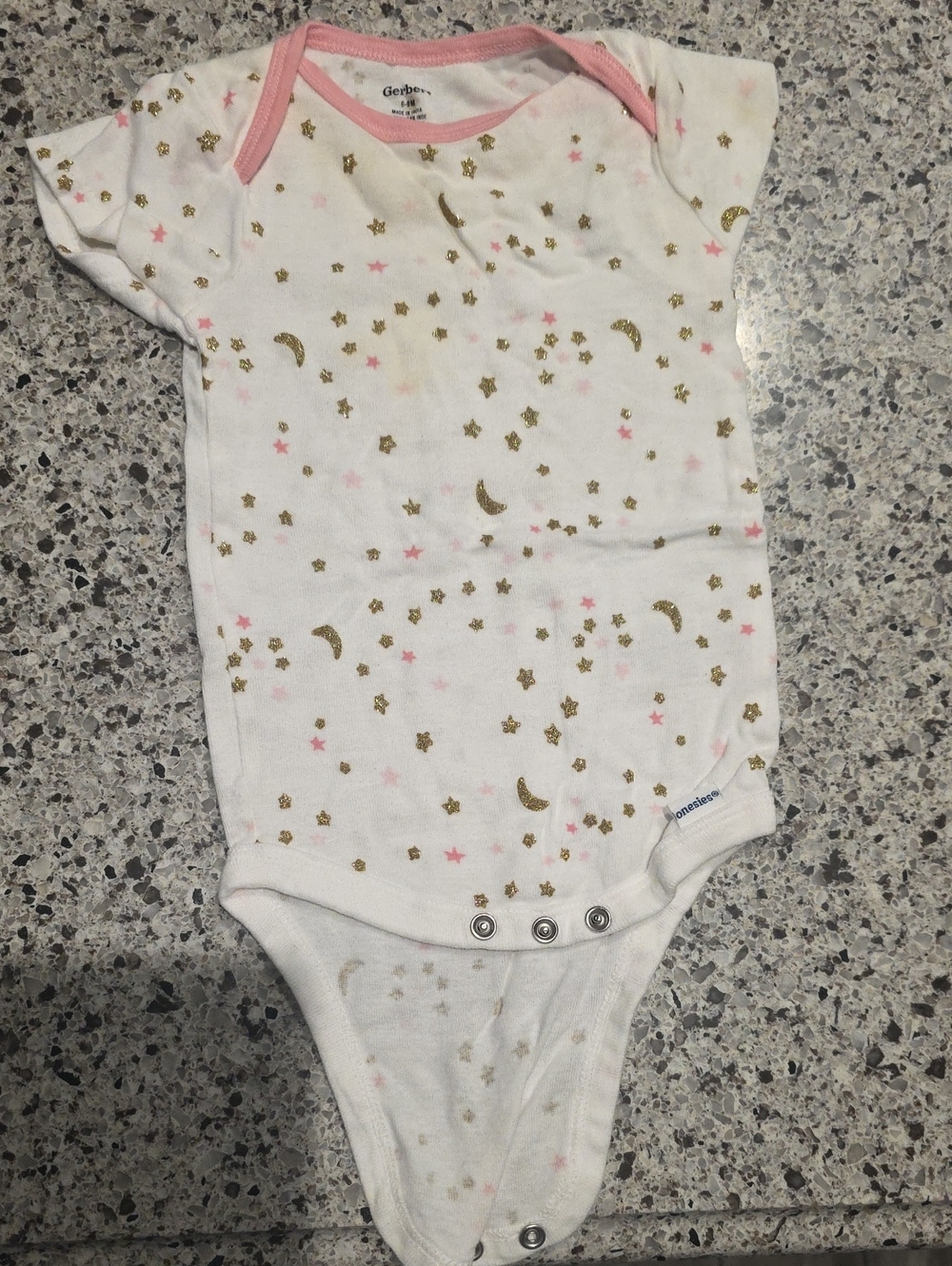 Gerber White One-Piece Bodysuit with Pink Trim & Gold Star Moon Print